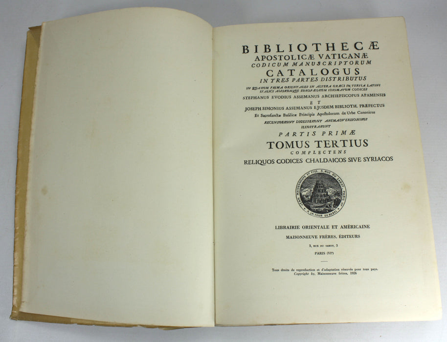 Bibliothecae Apostolicae Vaticanae Codicum Manuscriptorum Catalogus, Assemanus, 3 Volumes Complete, 1926-1930.