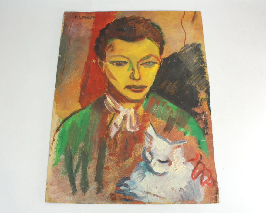 Franca Corcos Painting; Portrait of a Lady with White Cat. 50.7cm x 38.7cm.