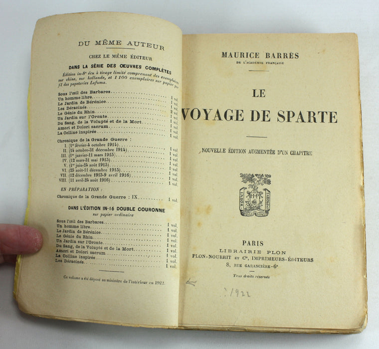 Le Voyage de Sparte, Maurice Barres, Plon, Paris, 1922