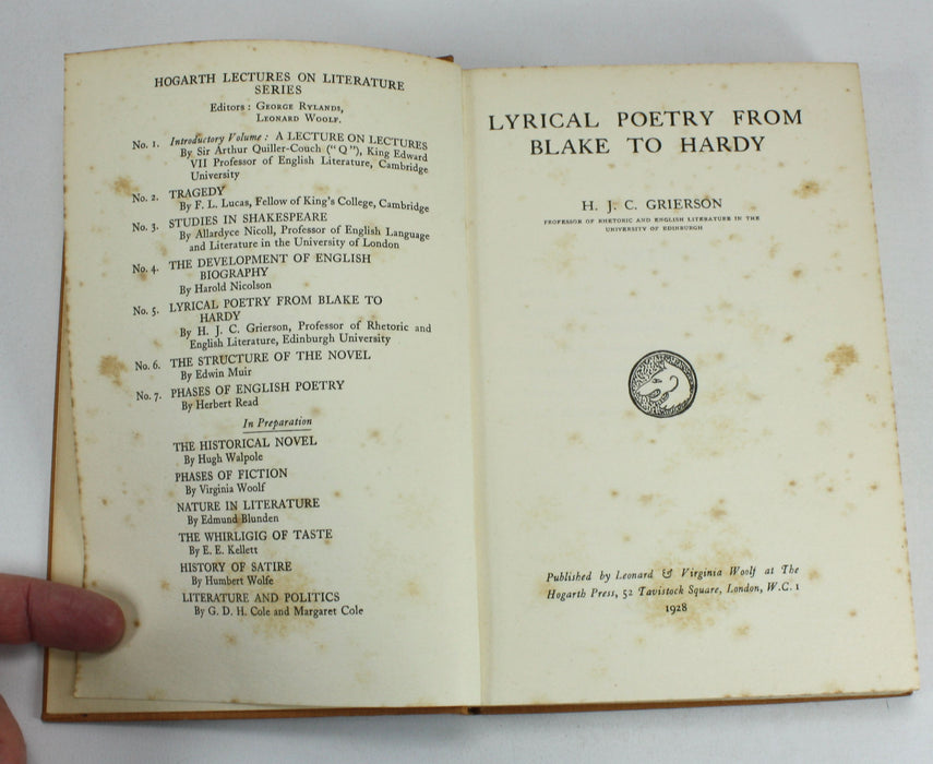 Lyrical Poetry from Blake to Hardy, by H. J. C. Grierson, signed and inscribed, 1928