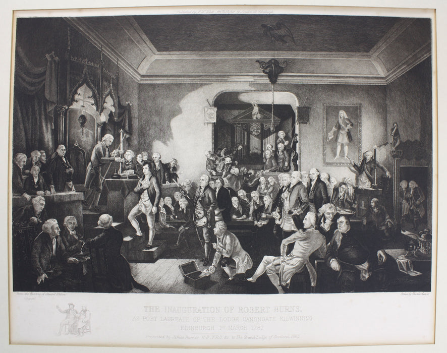 The Inaugration of Robert Burns, As Poet Laureate of the Lodge 1787, Pub. 1862. Freemasonry print.