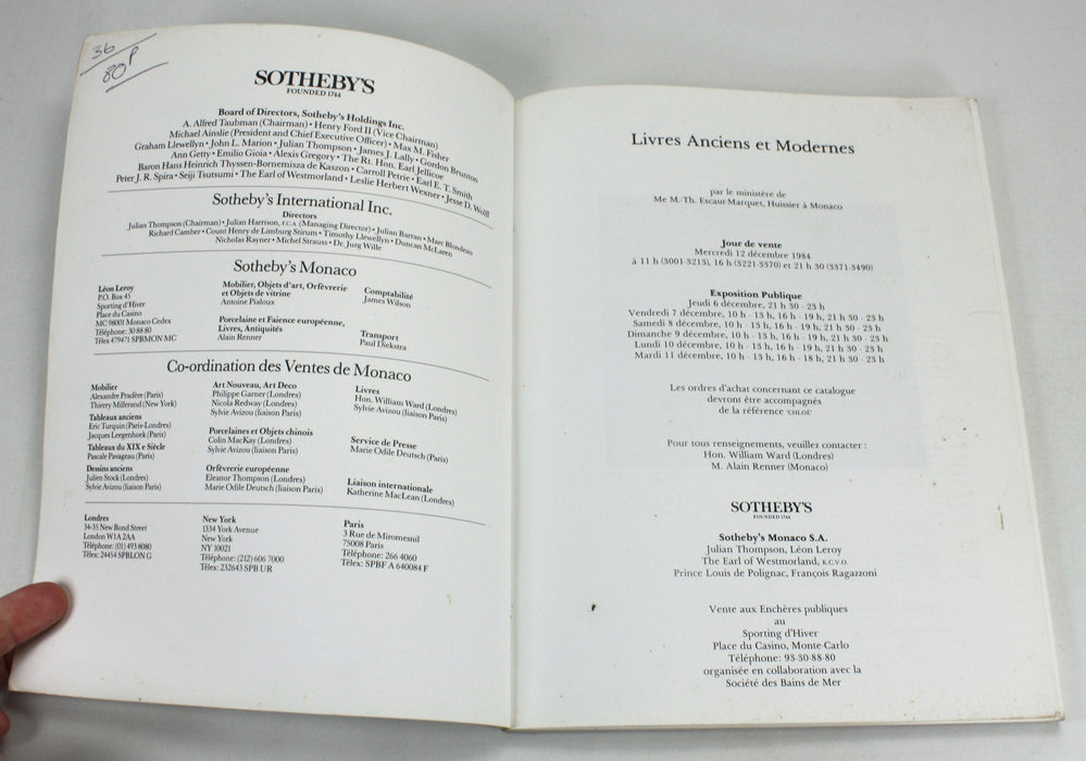 Sotheby's Livres Anciens et Modernes, Monaco, Dec 1984, auction catalogue