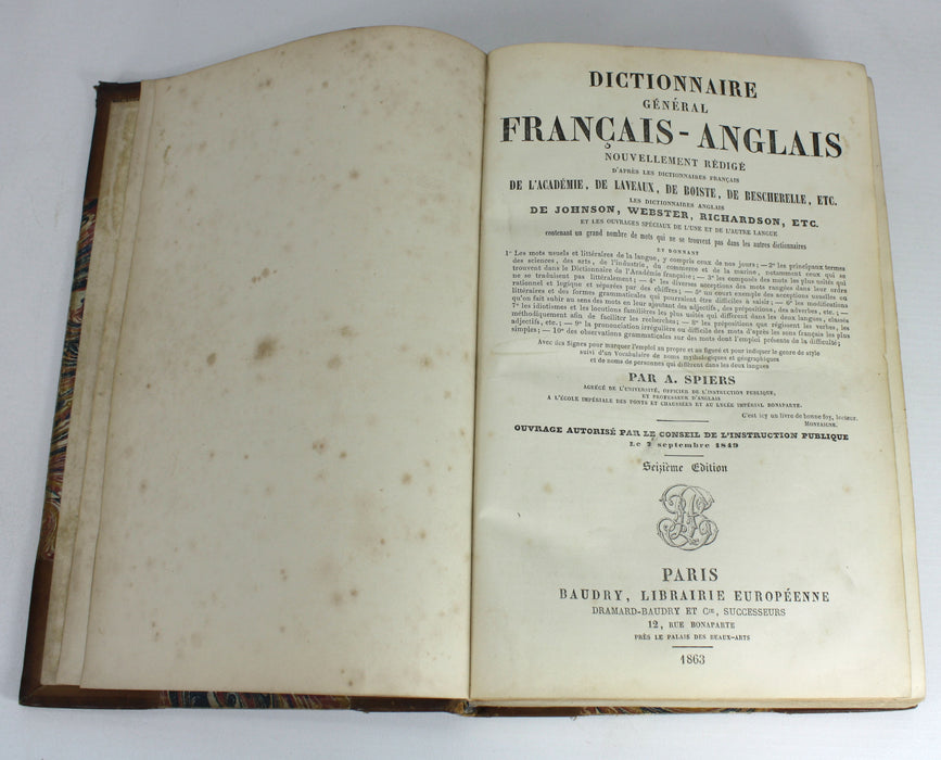 Spiers Dictionnaire Francais-Anglais, 1863 & Anglais-Francais, 1864. 2 Volume Set