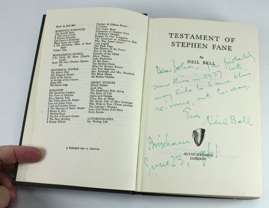 Testament of Stephen Fane by Neil Bell, inscribed by author, 1961