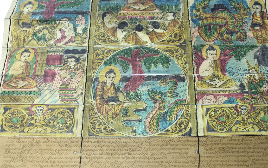 Burmese Buddhist Parabaik manuscript, illustrated palm leaf, Profusely Illustrated, 49cm