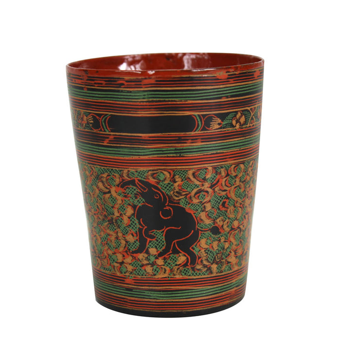 Burmese lacquer set of 6 drinking cups, Yun elephant design, 7.3cm