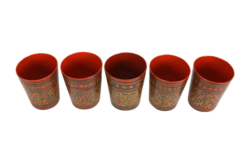 Burmese lacquer set of 5 drinking cups, Yun design, 7.3cm