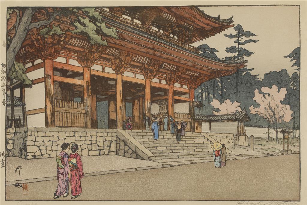 Original Hiroshi Yoshida Signed Woodblock Print, Buddhist Temple at Omuro.
