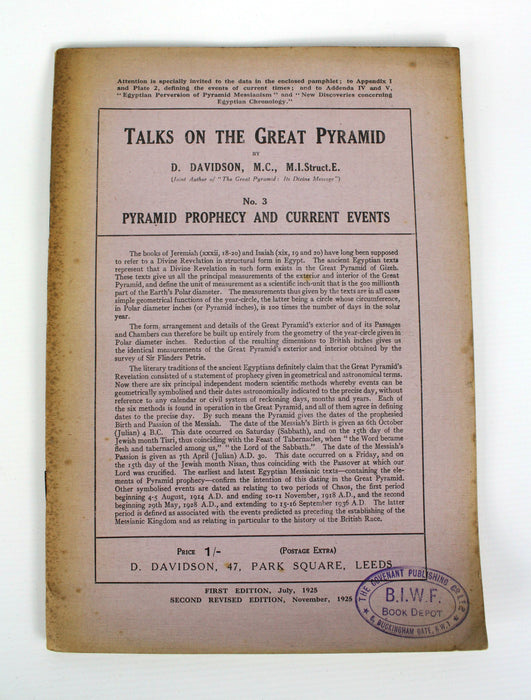 Talks on the Great Pyramid Booklets, D. Davidson, 1925
