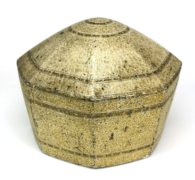 19th Century, Papier Mache Kashmiri Octagonal Box in Islamic Style, possibly Qur'an box