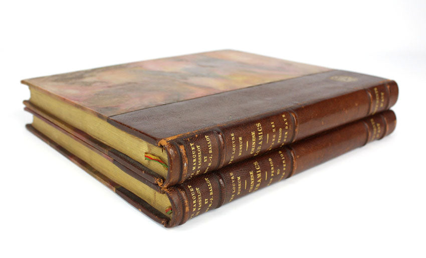 Chinese Ceramics, Documents D'art Louvre Museum, 2 volume leather set, by J J Marquet de Vasselot and Mlle M-J Ballot, 1922