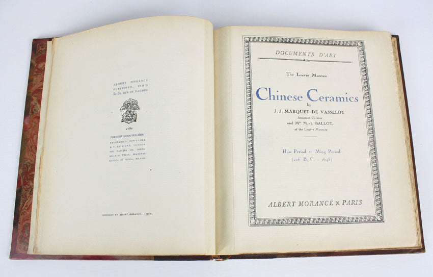 Chinese Ceramics, Documents D'art Louvre Museum, 2 volume leather set, by J J Marquet de Vasselot and Mlle M-J Ballot, 1922