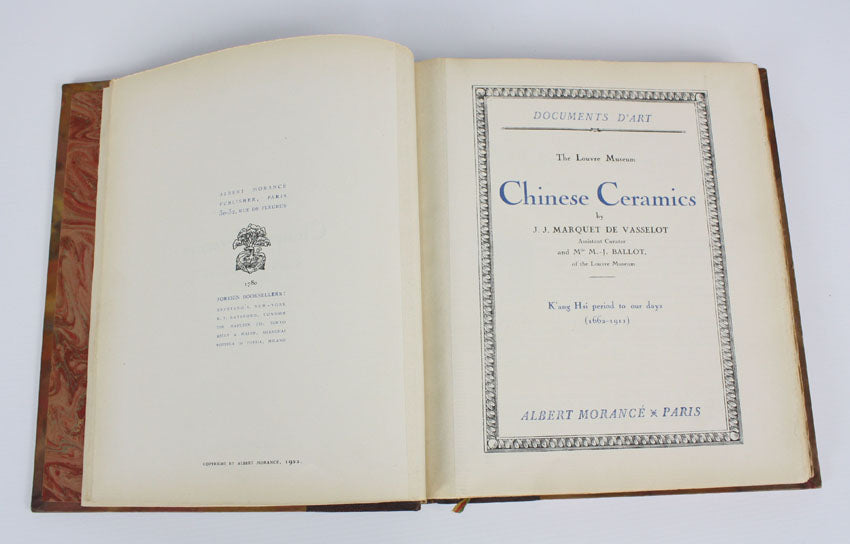 Chinese Ceramics, Documents D'art Louvre Museum, 2 volume leather set, by J J Marquet de Vasselot and Mlle M-J Ballot, 1922
