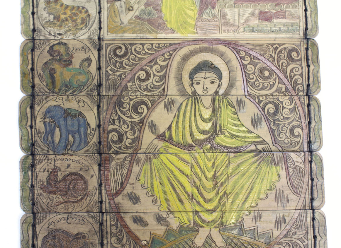 Burmese Buddhist manuscript, illustrated palm leaf, Profusely Illustra ...